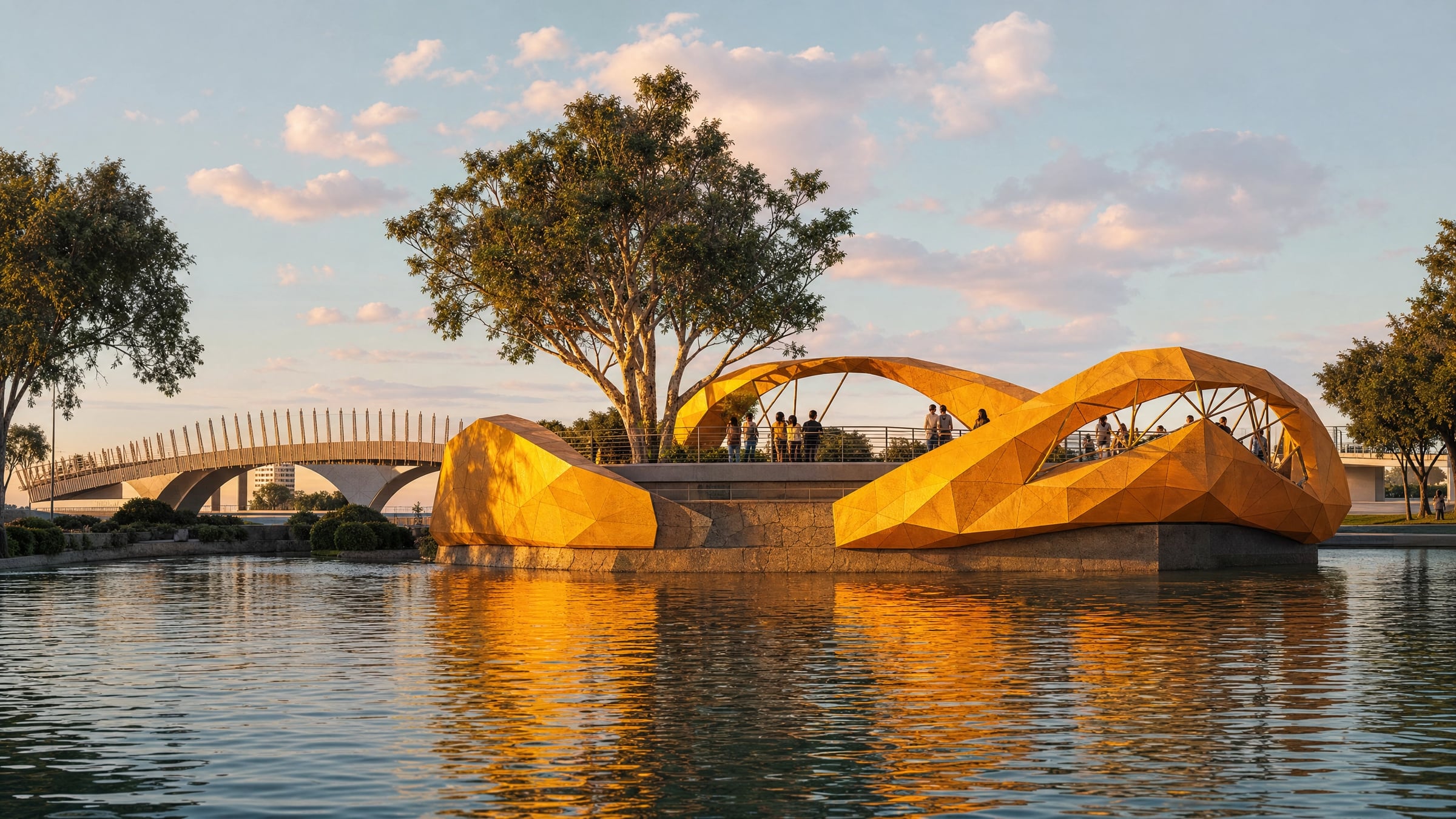 Golden hour concept view of the sculptural gateway landing, designed for the HOTA Cultural Precinct on the Gold Coast.