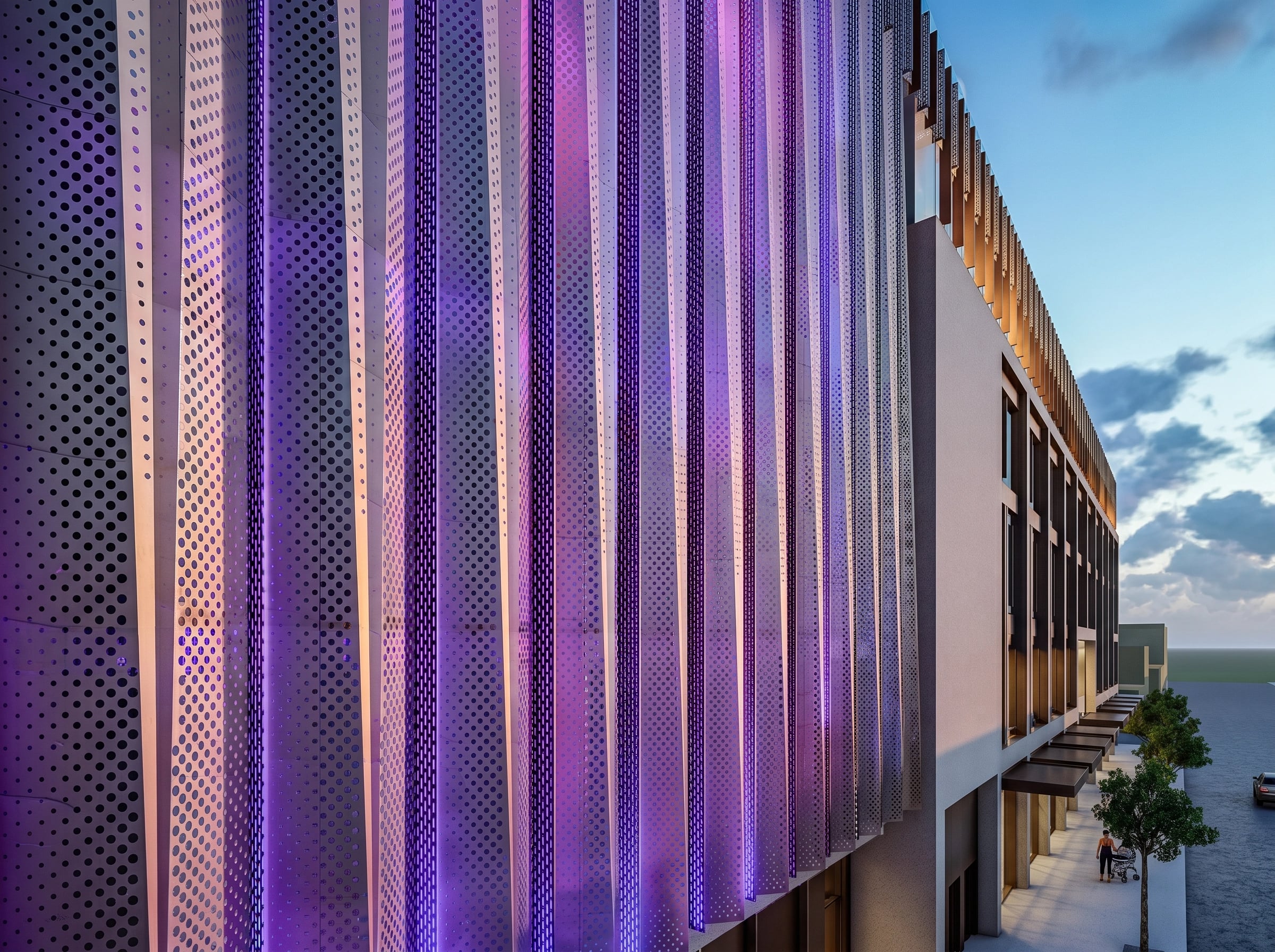 Render detail of The Veil lit pink and violet, its punched aluminium folds draping the Leederville Sq corner.