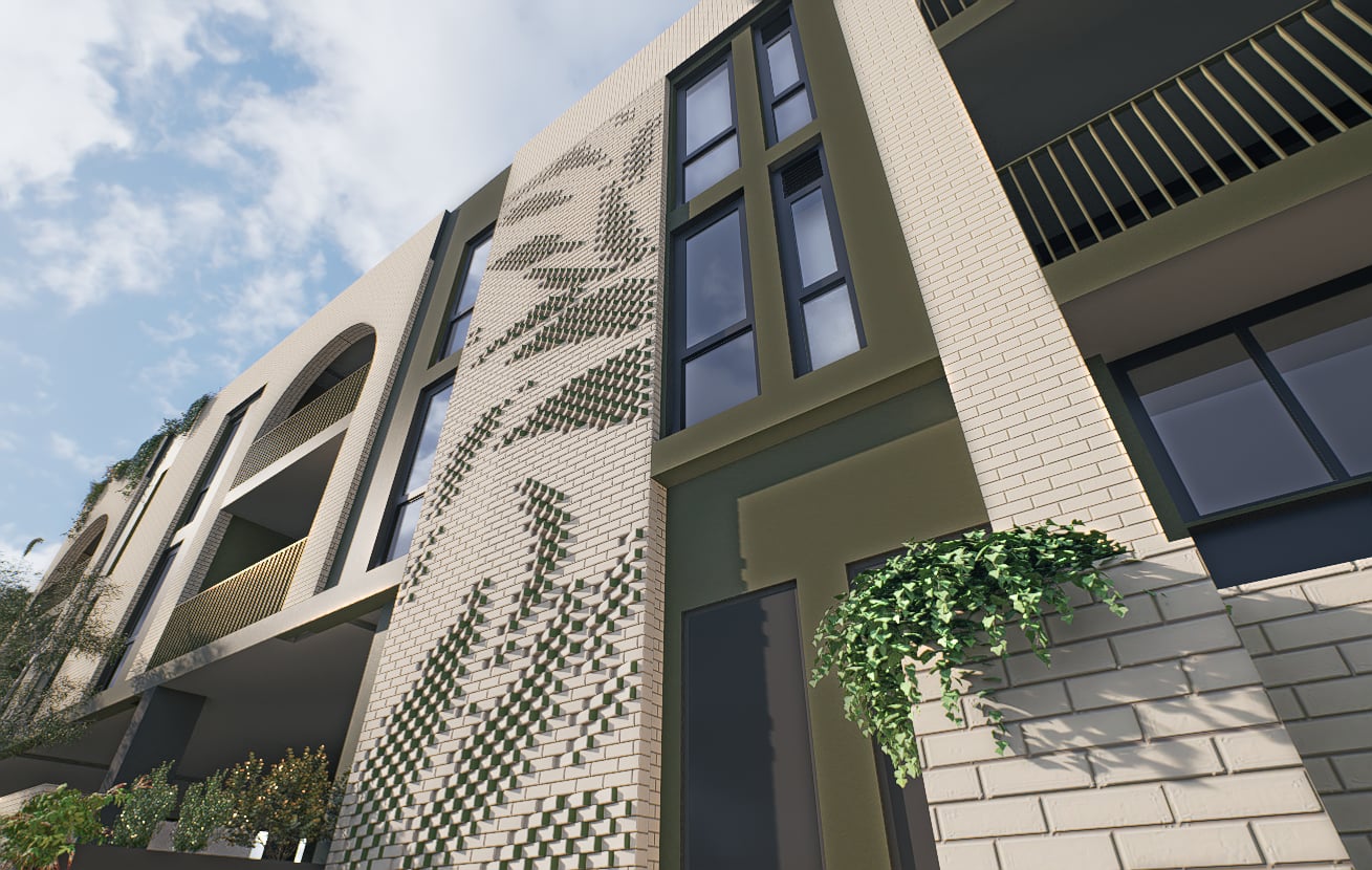 Concept render looking up the brick pier of Homecoming, rotated bricks tracing leaves in green shadow.