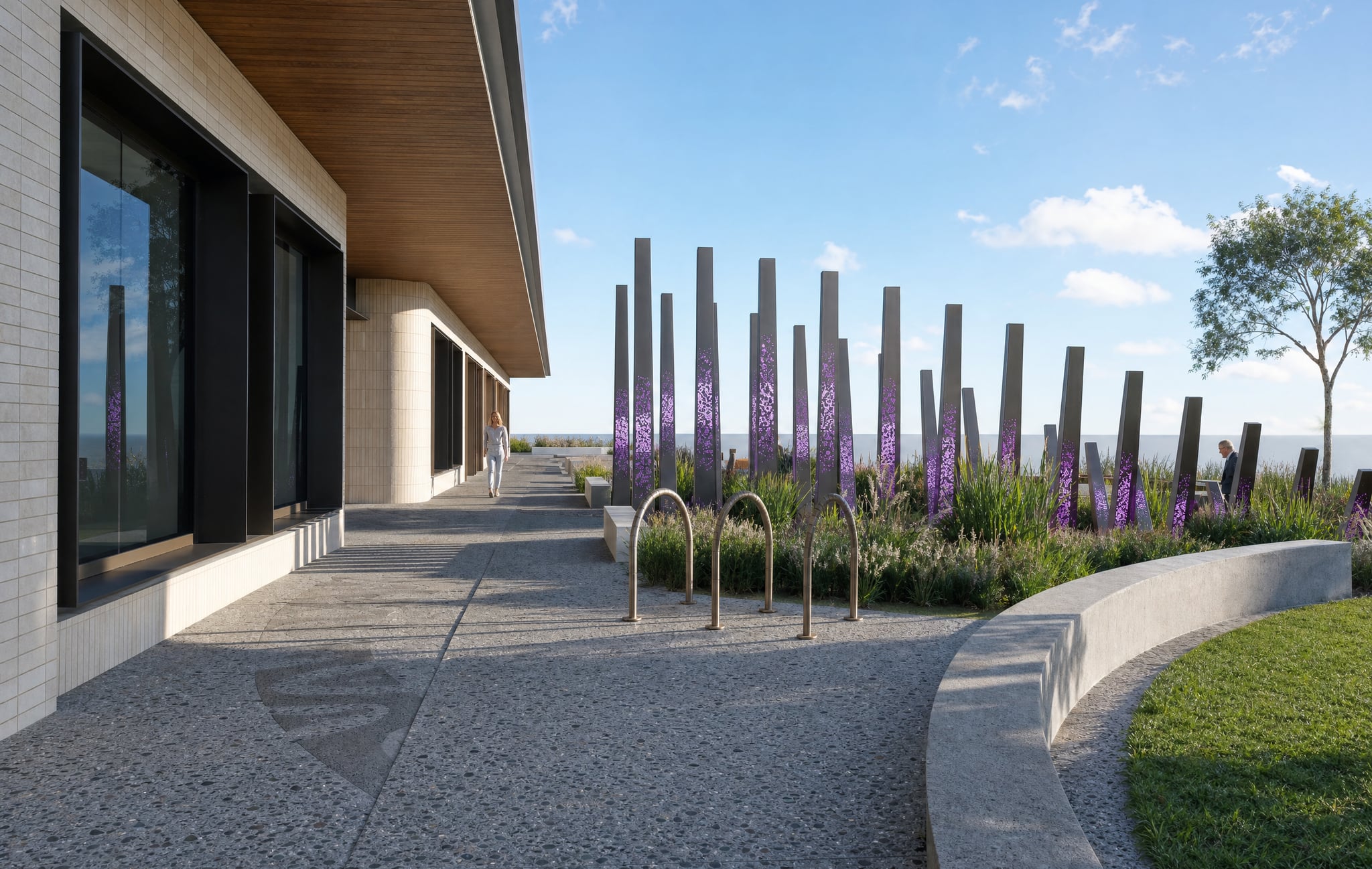 Render along the Murdoch walkway, where Orthonova's blades ripple towards the horizon behind bicycle hoops.