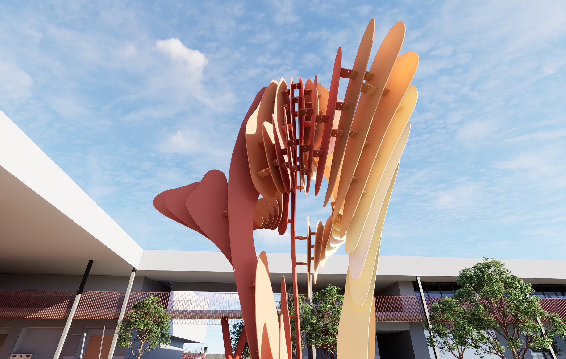 A low angle render of layered steel petals in sunset tones curling against a blue sky.