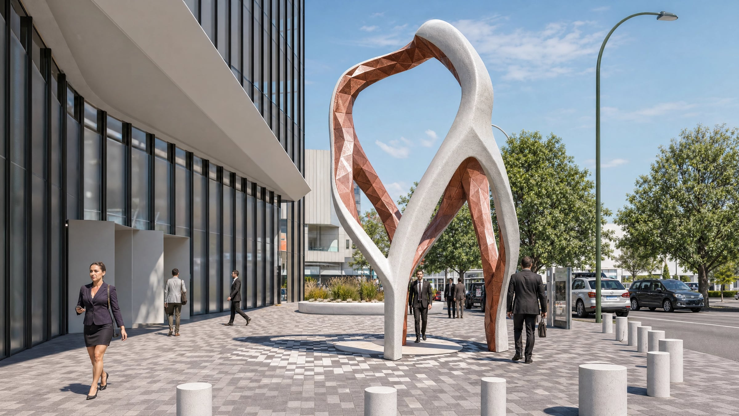 Concept render of the sculpture's white shell and faceted copper interior towering over passers-by at Elizabeth Quay.